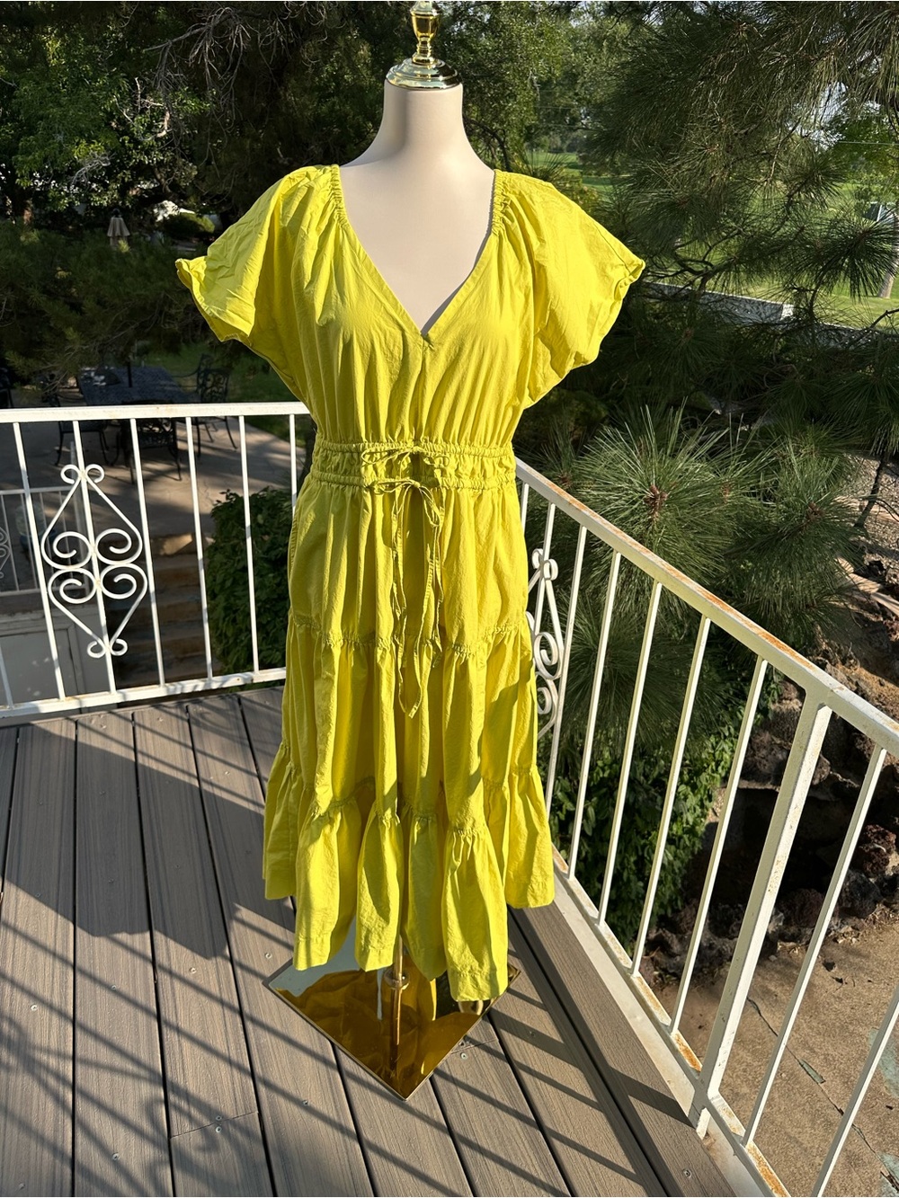 Free Assembly Bright Chartreuse V-Neck Tiered Midi Dress with Drawstring Waist